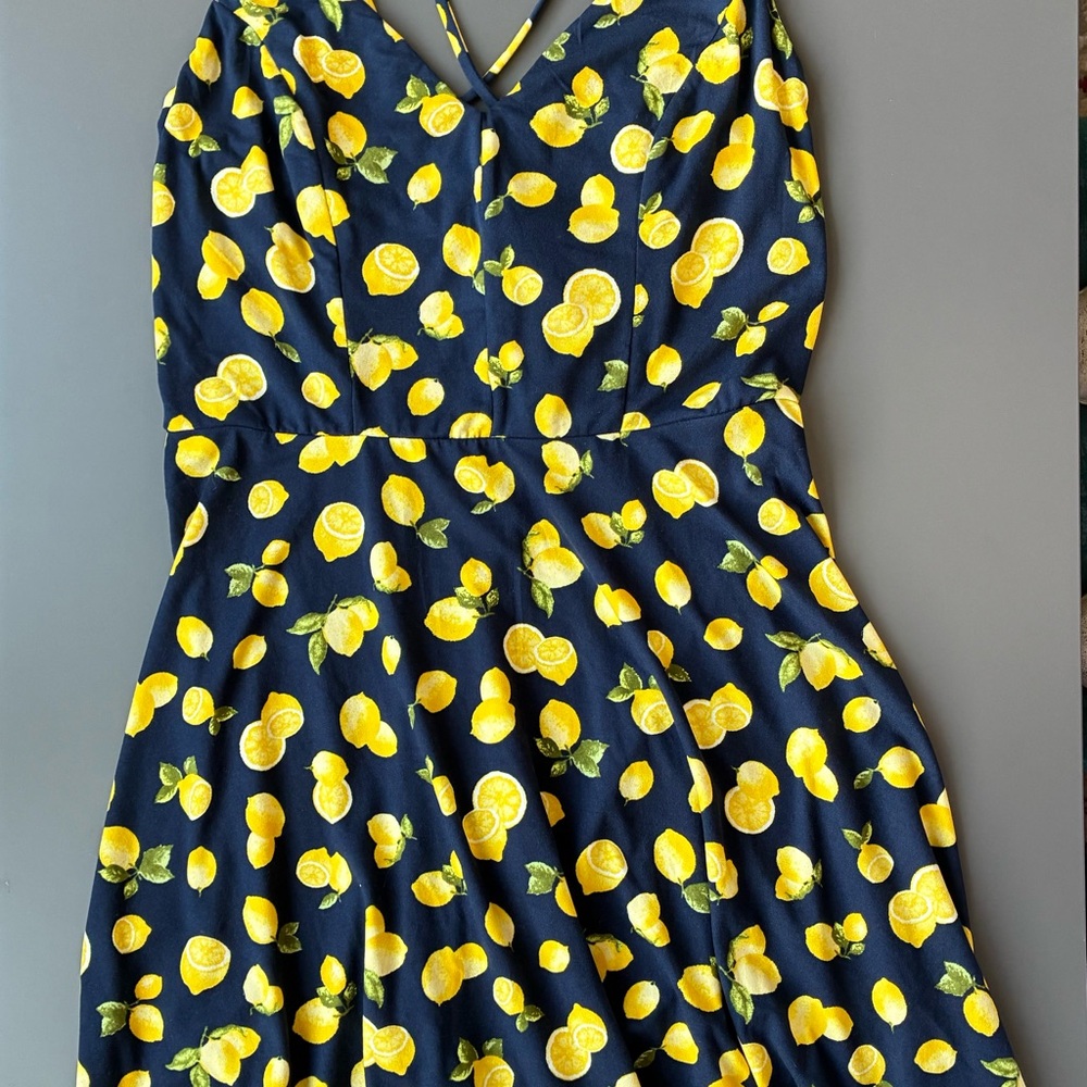 Nine Britton Navy Dress w/Lemon Print & Strappy Back NWT Flattering fit & flare